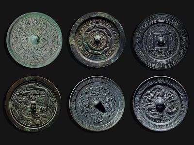 Vintage Bronze Mirrors Decorative Ornament Set With Intricate Traditional Patterns 3d model