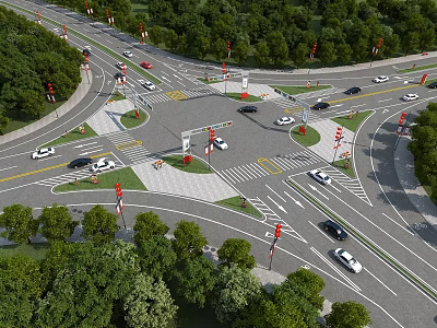 Modern Road Infrastructure Design for Urban Intersection with Traffic Lights Vehicles and Green Belts 3d model