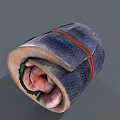 Leaf Wrapped Food Roll With Red String Tied And Fresh Shrimp Green Vegetables