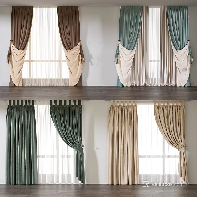 Elegant Brown Green Beige Curtains With Velvet Texture And Window Decor Styles 3d model 