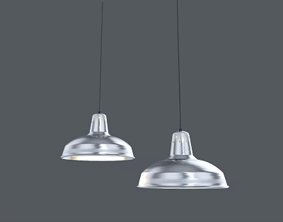 Two Silver Metal Dome Shaped Pendant Lights Hanging On Gray Background 3d model