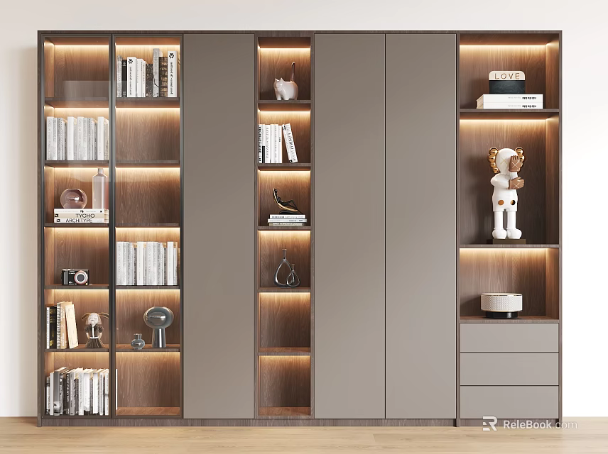 Modern Bookcase With Multiple Compartments Books Decorative Items Built-in Lighting And Storage Drawers 3d model 