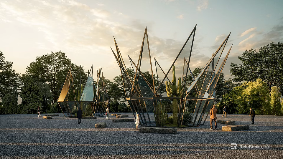 Modern Garden Art Installations With Metal Glass Frames Cacti Trees Gravel Ground And People 3d model 