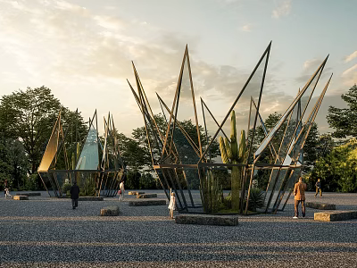 Modern Garden Art Installations With Metal Glass Frames Cacti Trees Gravel Ground And People 3d model