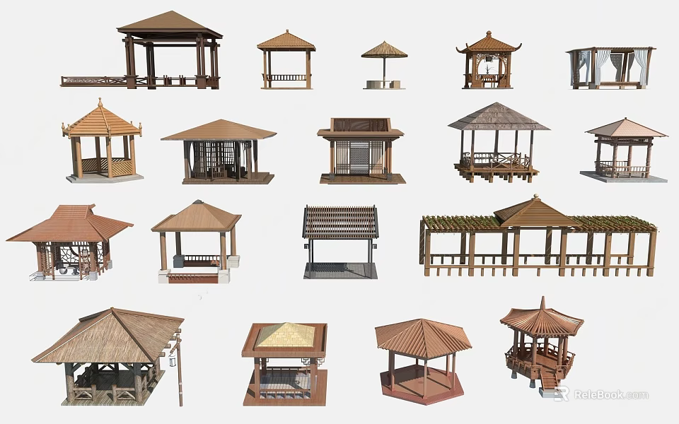 Various Traditional And Modern Wooden Pavilion Designs With Different Roof Shapes 3d model 