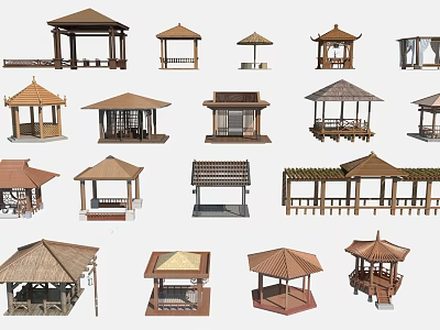 Various Traditional And Modern Wooden Pavilion Designs With Different Roof Shapes 3d model