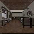 Cozy Café Interior With Wooden Ceiling Hanging Lights Coffee Bar Green Plants And Herringbone Floor