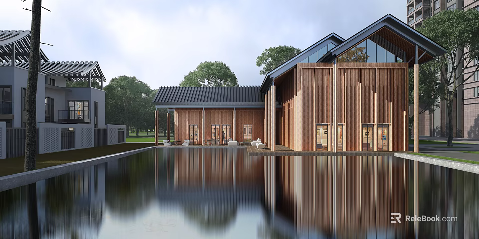 Ancient Architecture With Traditional Roof Wooden Exterior And Calm Water Reflection In Green Surroundings 3d model 