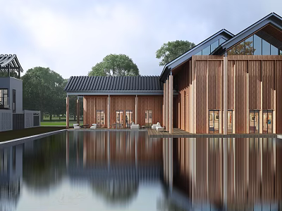 Ancient Architecture With Traditional Roof Wooden Exterior And Calm Water Reflection In Green Surroundings 3d model