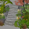 Stone Steps Surrounded By Lush Green Plants And Red Leaf Foliage 3d model