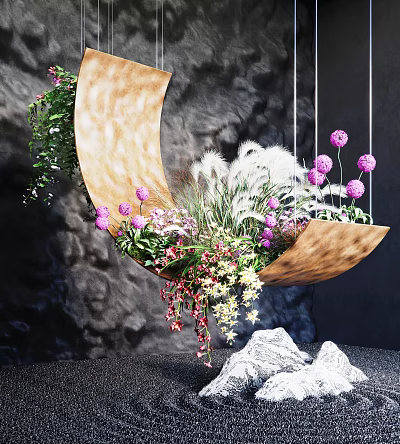 Hanging Moon Shaped Garden Decor Planter With Purple Flowers Green Plants And White Feathery Foliage 3d model