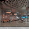 Modern Luxury Sales Office Interior With Streamlined Metal Ceiling And Large Panoramic City View