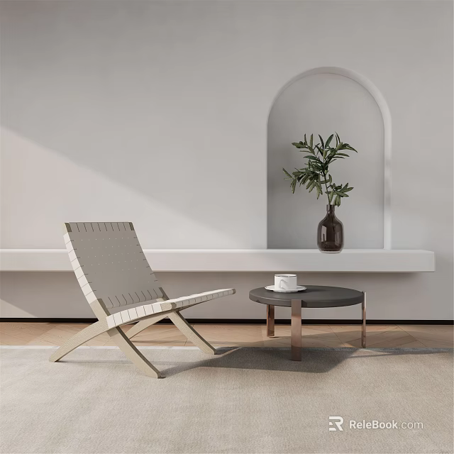 Modern Leisure Chair With Wooden Frame And Woven Seat By Small Table And Potted Plant 3d model 