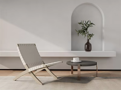 Modern Leisure Chair With Wooden Frame And Woven Seat By Small Table And Potted Plant 3d model