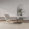 Modern Leisure Chair With Wooden Frame And Woven Seat By Small Table And Potted Plant