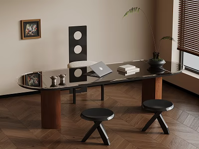 Modern Interior Design With Glass Table Stools Laptop Books And Potted Plant 3d model