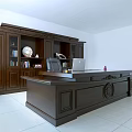 Dark Wood Office Desk With Bookcase Books Globe Lamp Laptop Telephone And Pink Bottle