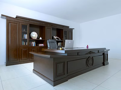 Dark Wood Office Desk With Bookcase Books Globe Lamp Laptop Telephone And Pink Bottle 3d model