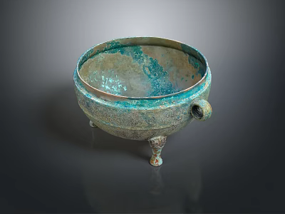 Ancient Bronze Three Legged Vessel With Green Patina And Dual Handles 3d model