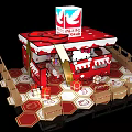 Red Hello Kitty Themed Booth With Hexagonal Floor And Seating Setup 3d model