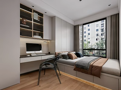 Tatami Bedroom Interior Design With Desk Computer Chair Storage Cabinets And Wooden Floor 3d model