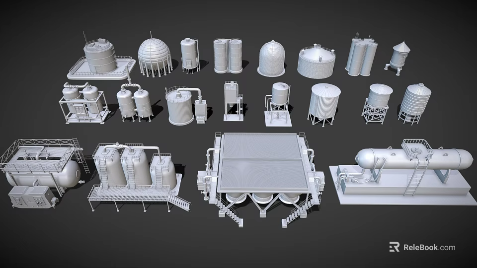 3D Rendering of Industrial Piping Layout with Various Storage Tanks and Equipment Components 3d model 
