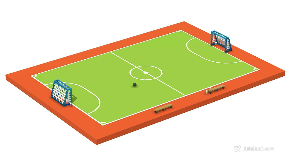 Orange Bordered Soccer Field With Green Grass Goalposts Center Ball And Markings 3d model 