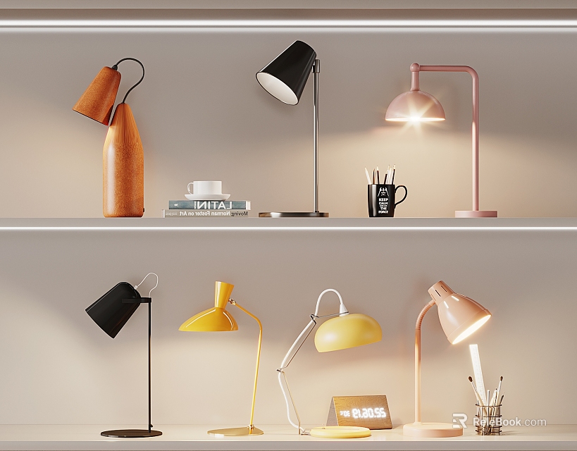 Stylish Modern Table Lamps With Books Mugs Calendar And Pen Holder In Various Colors 3d model 