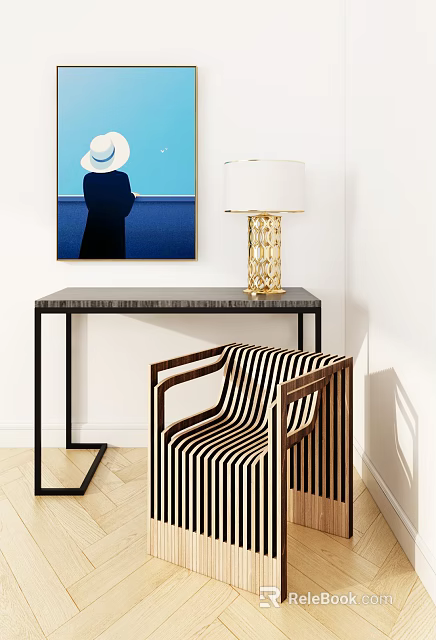 Elegant Striped Accent Chair With Wooden Frame Near Console Table And Gold Lamp In Modern Interior 3d model 