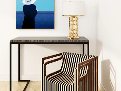 Elegant Striped Accent Chair With Wooden Frame Near Console Table And Gold Lamp In Modern Interior 3d model