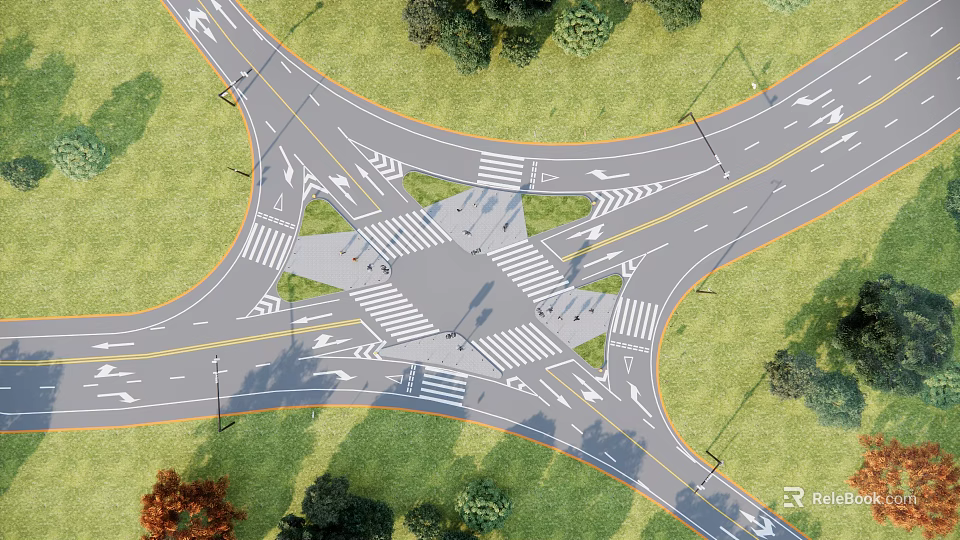 Road Infrastructure Design Featuring Intersection With Traffic Lanes Zebra Crossings And Greenery 3d model
