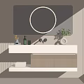 Modern Bathroom Vanity With Round Backlit Mirror White Countertop Potted Plant And Vertical Stripe Wall