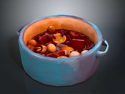 Delicious Warm Red Soup in Blue Ceramic Pot with Tofu Chestnuts and Mushrooms 3d model