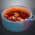 Delicious Warm Red Soup in Blue Ceramic Pot with Tofu Chestnuts and Mushrooms