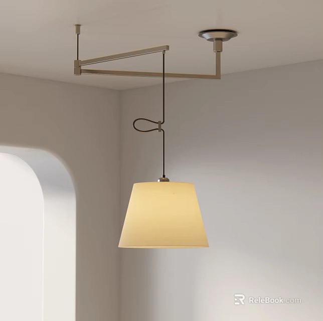 Modern Brass Frame Pendant Light With Warm Light Hanging In White Room With Arch Window 3d model 