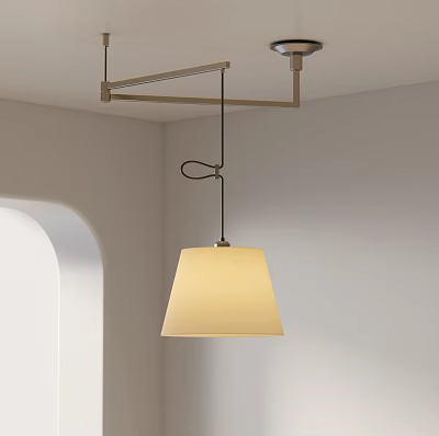 Modern Brass Frame Pendant Light With Warm Light Hanging In White Room With Arch Window 3d model