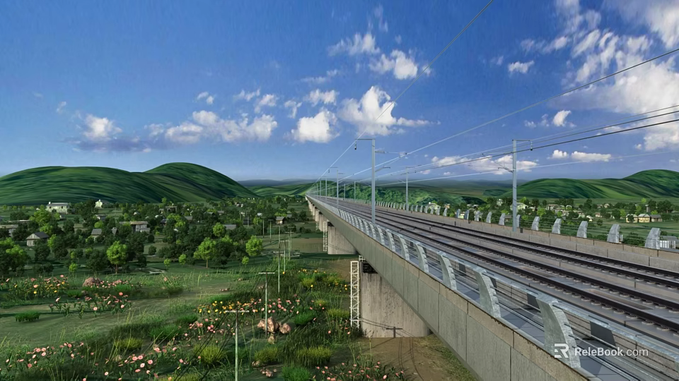 Cartoon Scene of High Viaduct Railway Tracks Green Hills and Pink Flowers Under Blue Sky 3d model 