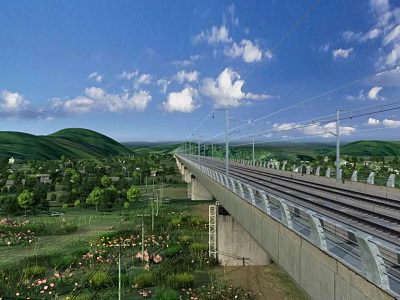 Cartoon Scene of High Viaduct Railway Tracks Green Hills and Pink Flowers Under Blue Sky 3d model