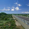 Cartoon Scene of High Viaduct Railway Tracks Green Hills and Pink Flowers Under Blue Sky