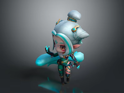 Cute Fantasy Game Character With Silver Bun Hairstyle Red Eyes And Glowing Blue Hands 3d model