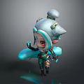 Cute Fantasy Game Character With Silver Bun Hairstyle Red Eyes And Glowing Blue Hands
