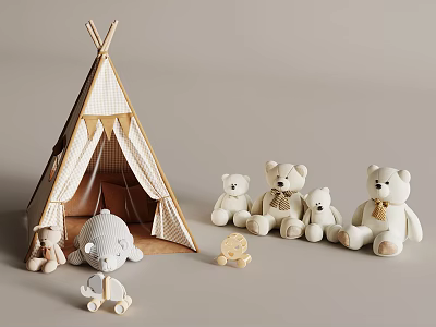 Children's Teepee Tent With Plaid Fabric And Stuffed Teddy Bears Lamb Plush 3d model