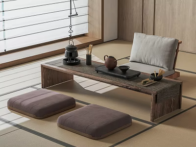 Japanese Style Wooden Tea Table with Cushioned Seating and Traditional Tea Set in Minimalist Room 3d model
