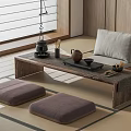 Japanese Style Wooden Tea Table with Cushioned Seating and Traditional Tea Set in Minimalist Room