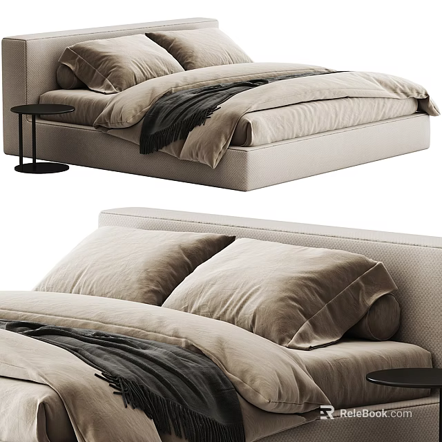 Modern Double Bed With Beige Linen Bedding Velvet Pillows And Side Table 3d model 