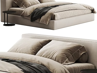 Modern Double Bed With Beige Linen Bedding Velvet Pillows And Side Table 3d model