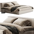 Modern Double Bed With Beige Linen Bedding Velvet Pillows And Side Table