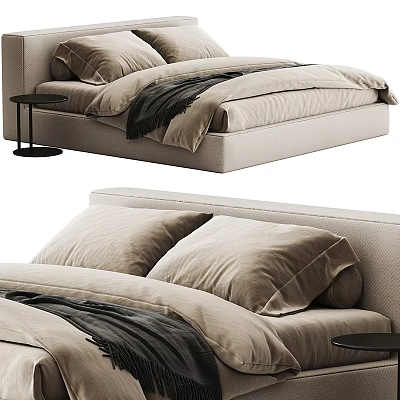 Modern Double Bed With Beige Linen Bedding Velvet Pillows And Side Table 3d model