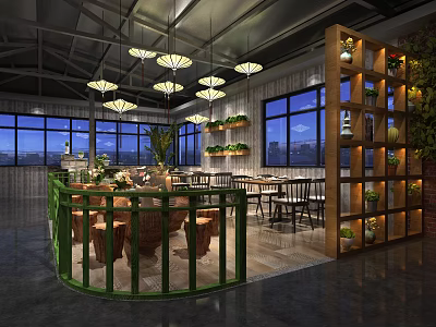 Modern Restaurant Interior With Hanging Lights Green Plants And Wooden Shelves 3d model