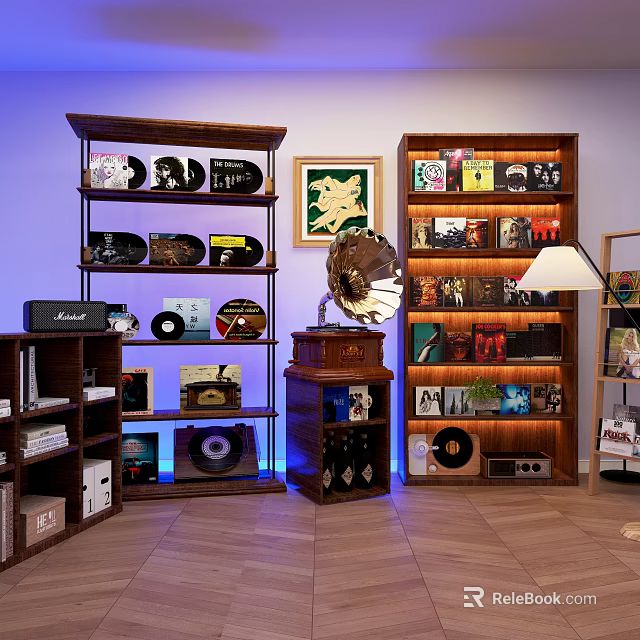 Vintage Music Room Interior With Vinyl Records Gramophone And Wooden Display Shelves 3d model 